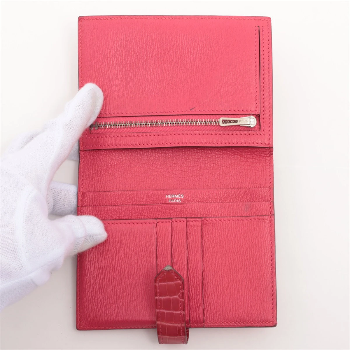 ピンクが可愛い♪ HERMES べアン ウォレット 財布 エルメス ベアンコンパクト 二つ折り財布 オーストリッチ