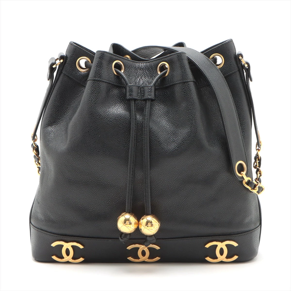 シャネルトリプルココキャビアスキン 巾着ショルダーバッグ ブラックゴールド金具 シャネル トリプルココ キャビアスキン チェーンショルダーバッグ 巾着