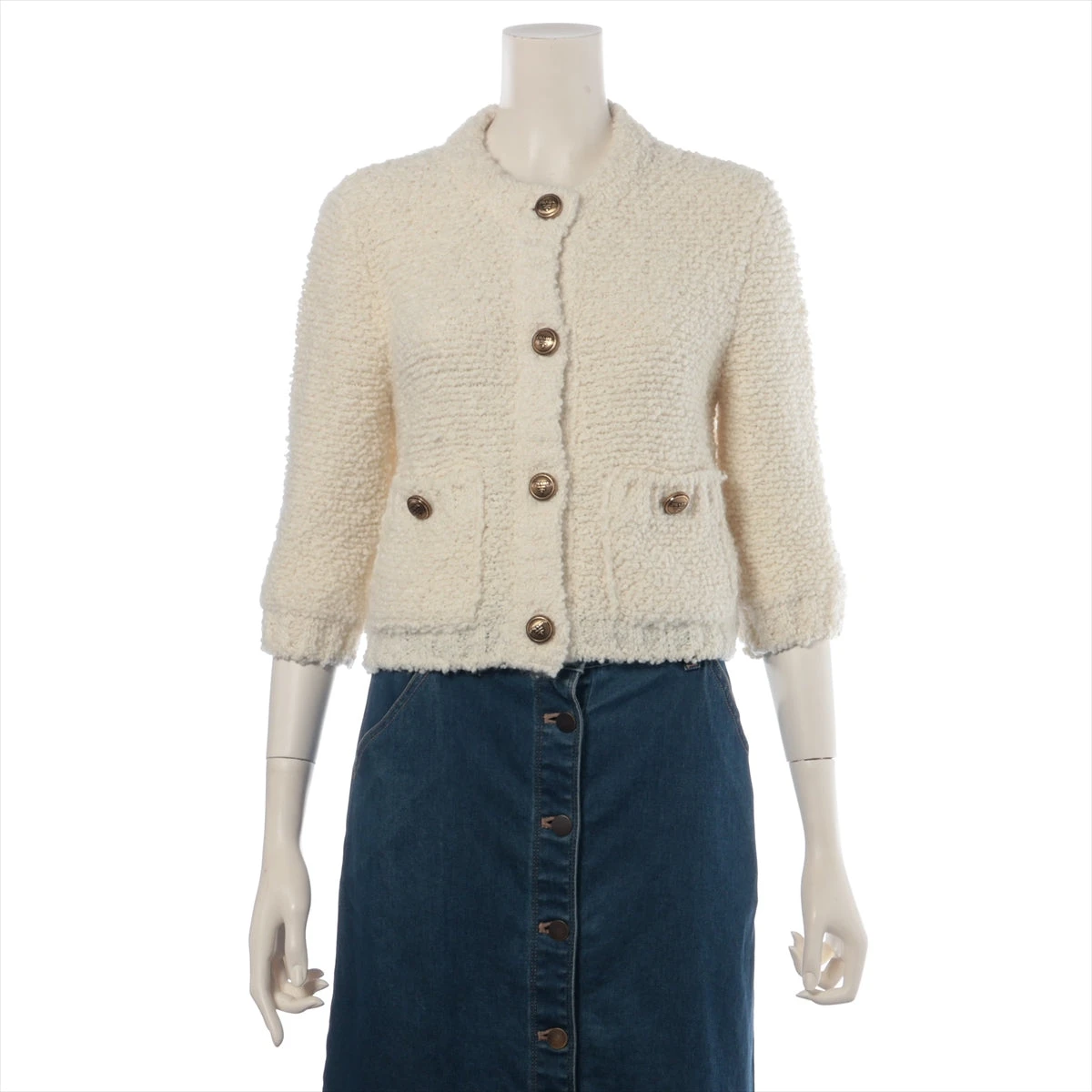 美品 PRADA プラダ P25L98 2023年製 ブークレモヘア カーディガン 38 バージンウール他 7分袖ノーカラーニットジャケット 金ボタン レディース AU3697W2 美品 PRADA プラダ P25L98 2023年製 ブークレモヘア カーディガン 38