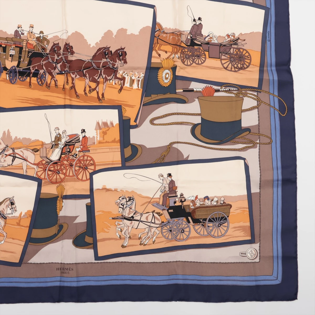 HERMÈS シルク マフラー 馬車デザイン HERMES エルメス スカーフ カレ90 シルクツイル 馬車モチーフ
