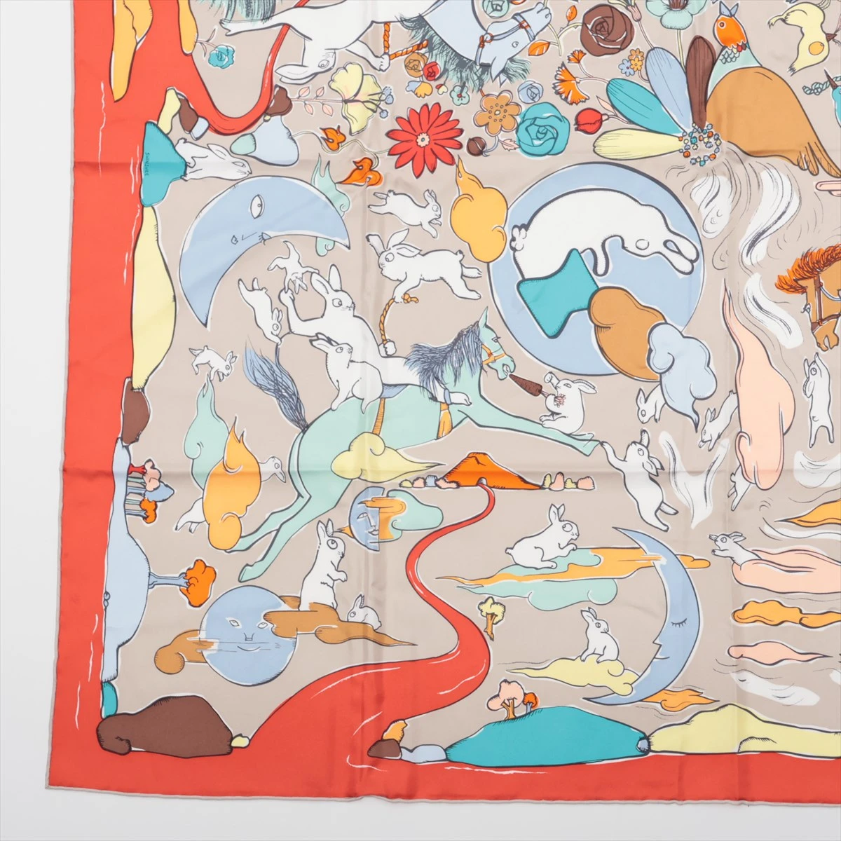 エルメス カレ90 麦畑とウサギ スカーフ アイボリー グリーン シルク タグ有 エルメス カレ90 麦畑とウサギ スカーフ アイボリー グリーン