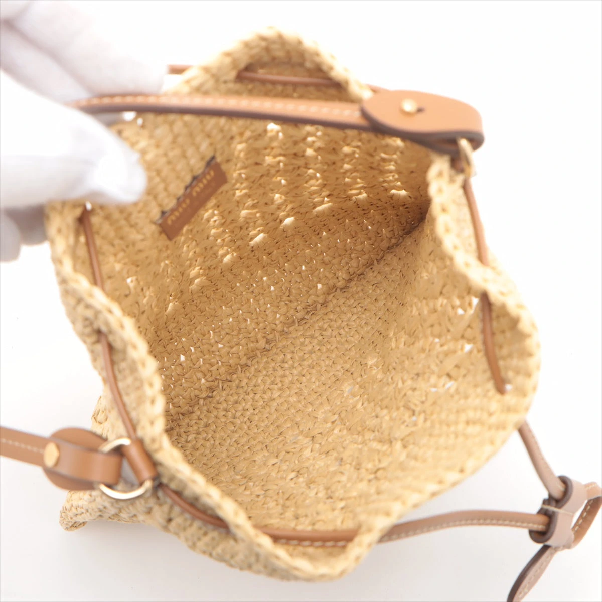 ミュウミュウ クロシェ ラフィア×レザー ショルダーバッグ