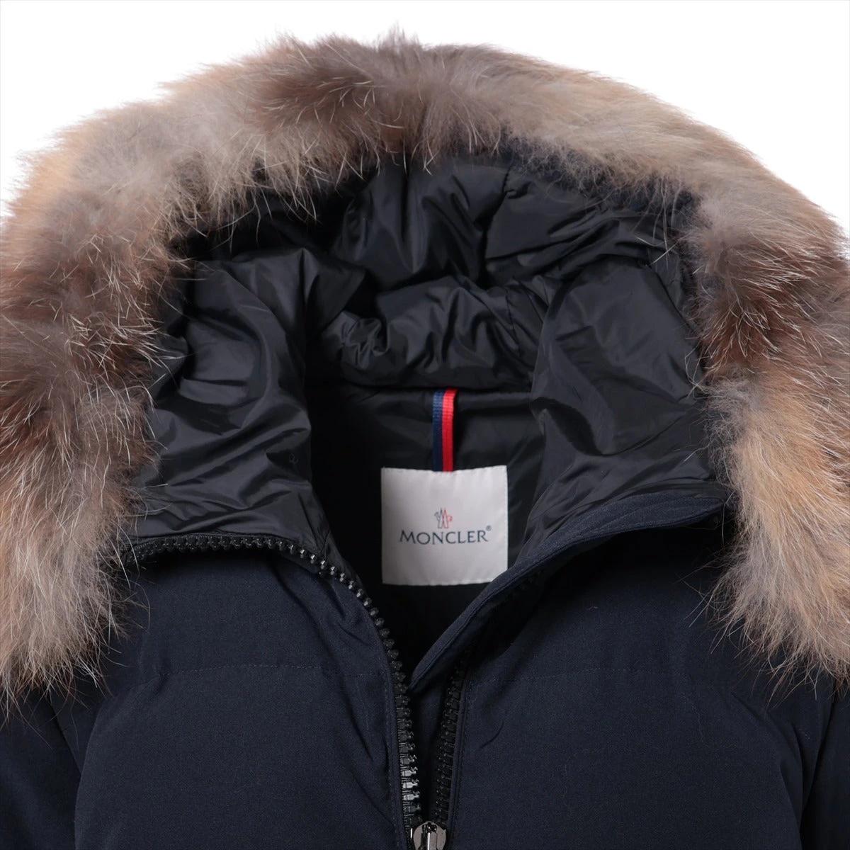 モンクレール 18年 コットン×ポリエステル ダウンコート 5 レディース ネイビー BERNACHE ファー取り外し可