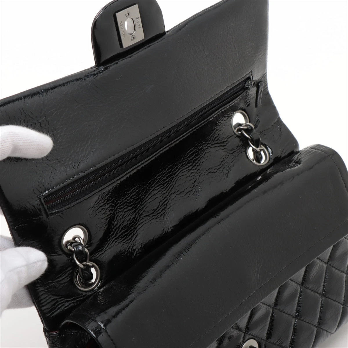 【証明書付】 シャネル マトラッセ ブラック レザーベルト シルバー 稼働 黒 CHANEL - シャネル ココマーク レディースベルト エナメル