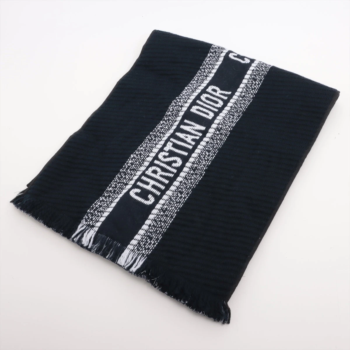 ディオール オブリーク マフラー ウール×シルク ホワイト×ネイビー  