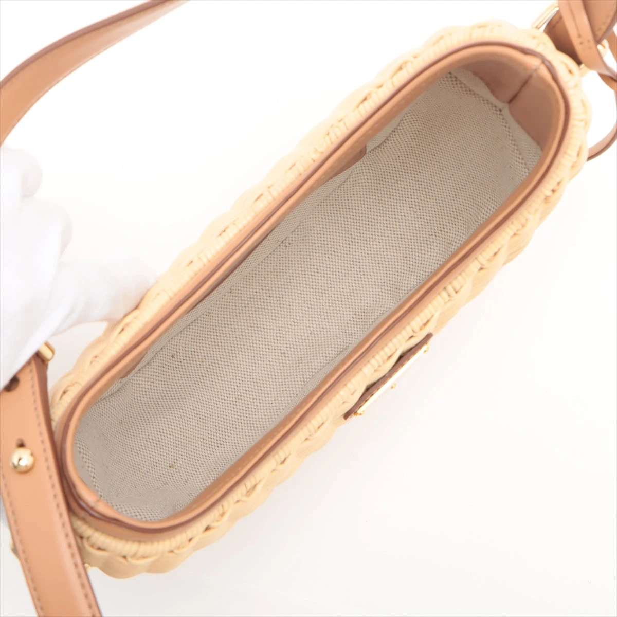 【PRADA】アーケバッグ4320 ラタン×レザー ベージュ系・中古 プラダ アーケ ラタン×レザー 2WAYハンドバッグ ベージュ