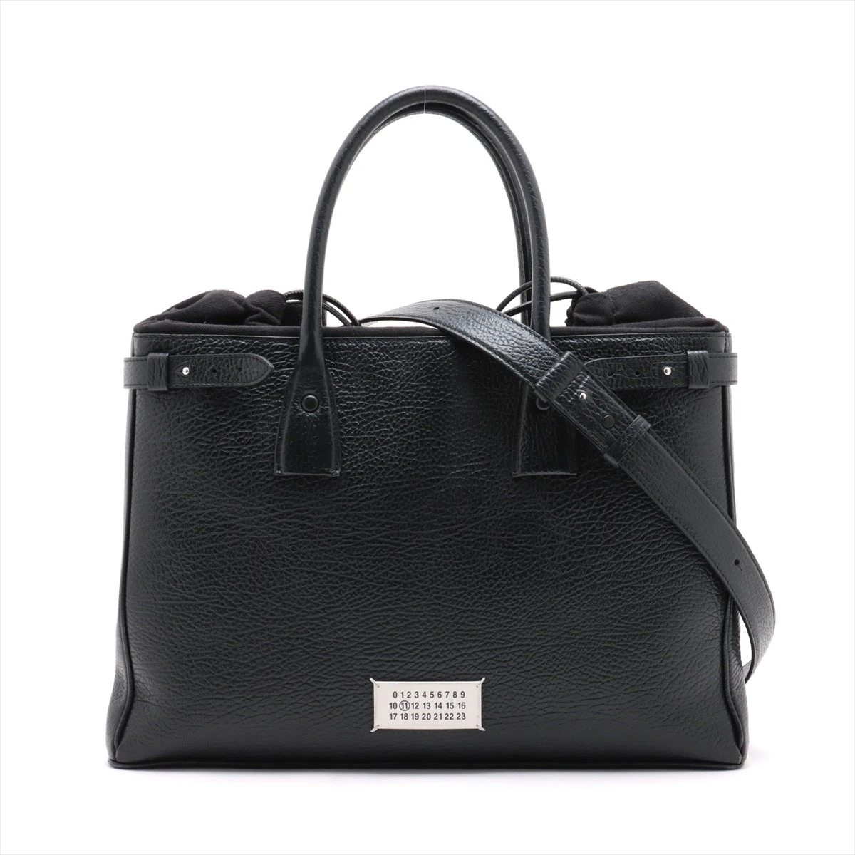 メゾンマルジェラブラックレザートートバッグ フロントポケット付き メゾンマルジェラブラックレザートートバッグ フロントポケット付き