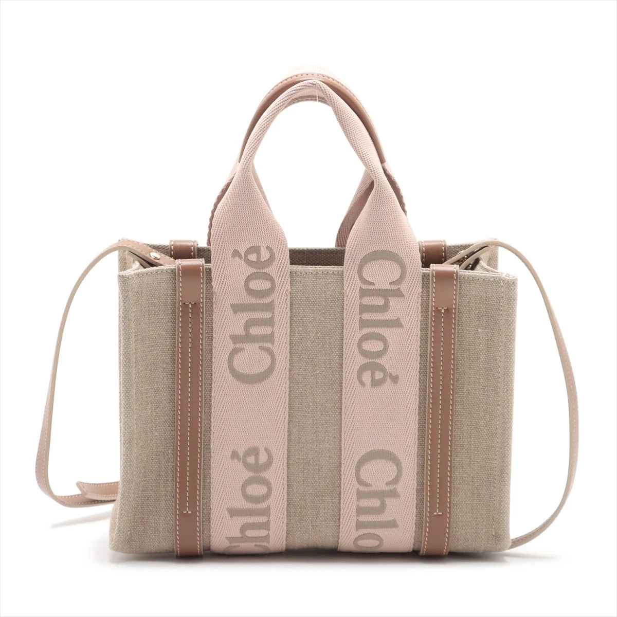 クロエ ウッディ スモール キャンバス×レザー ハンドバッグ ピンクベージュ