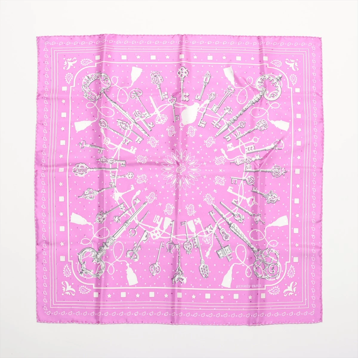 エルメス バンダナ LES CLES 鍵 スカーフ シルク パープル カレ