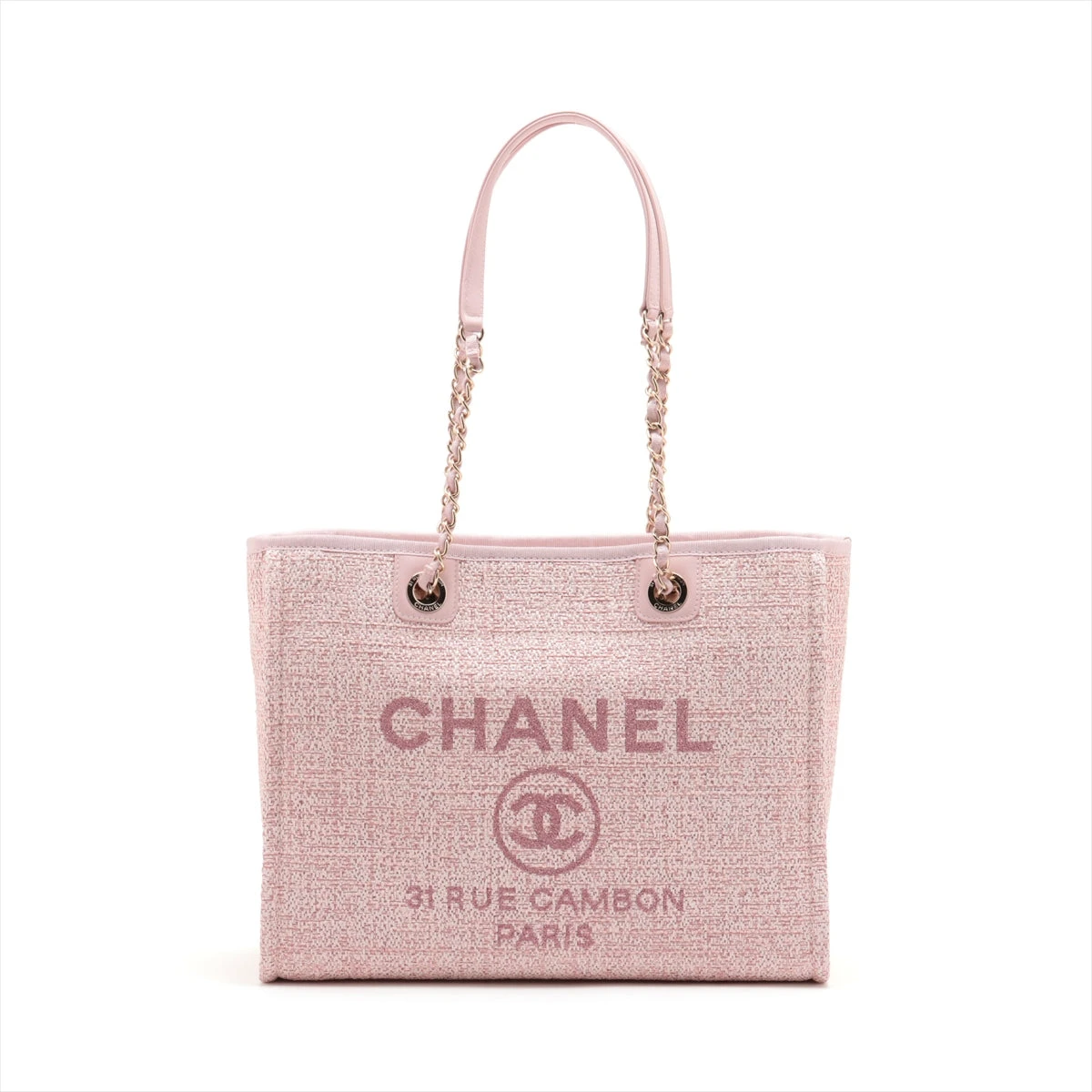 シャネル ドーヴィルMM ストロー チェーントートバッグ ピンク  
