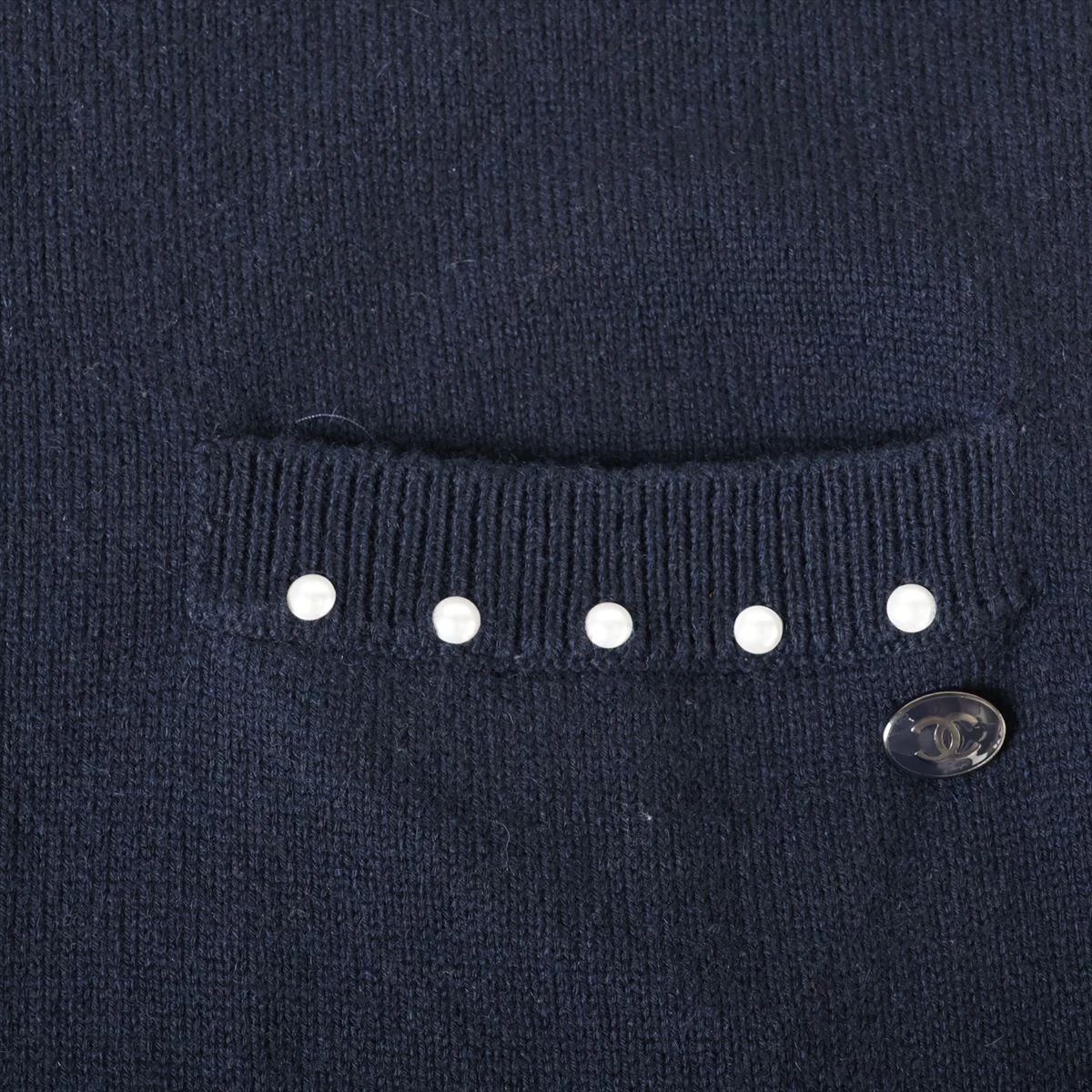 CHANEL ネイビーノースリーブワンピースカシミヤニットミニココマークボタン シャネル ココマーク P53 コットン×カシミヤ ニットワンピース