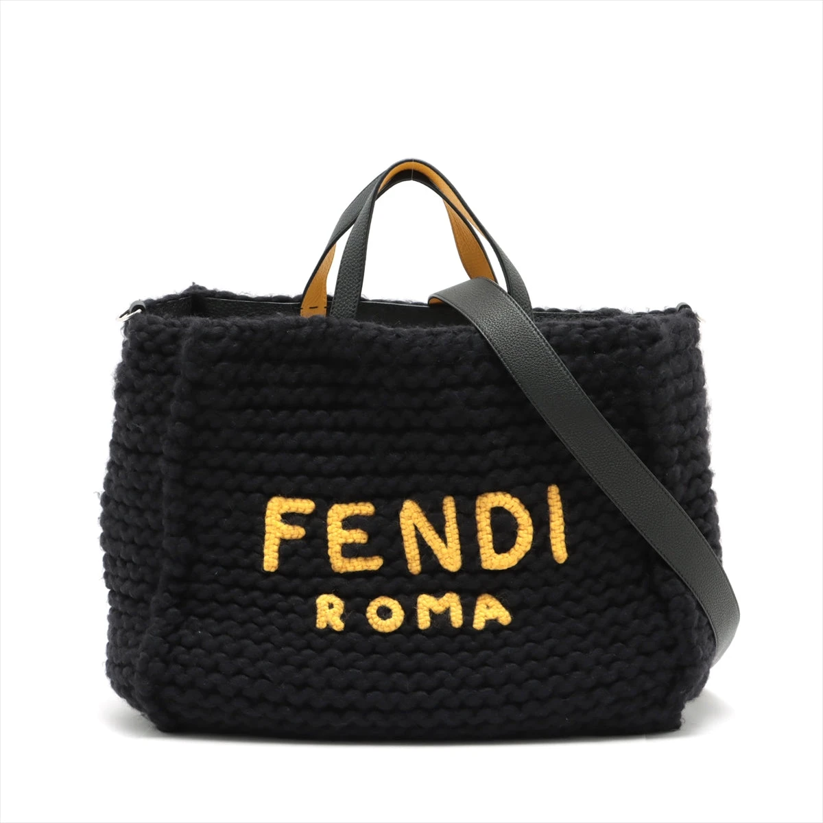 高級* FENDI フェンディ トートバッグ エフイズ レザー ポーチ付き 黒 フェンディ ウール×レザー 2WAYトートバッグ ブラック 7VA390