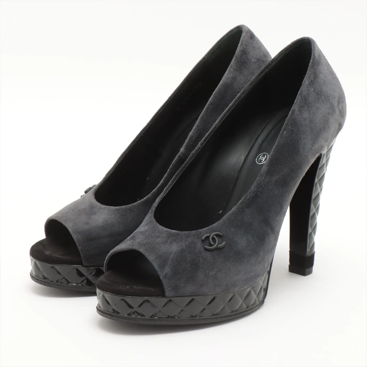 シャネル ココマーク スエードレザー オープントゥパンプス 37 C