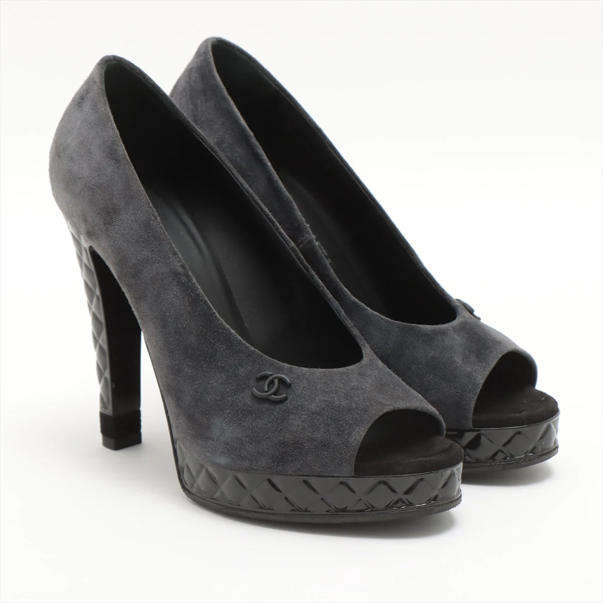 シャネル ココマーク スエードレザー オープントゥパンプス 37 C