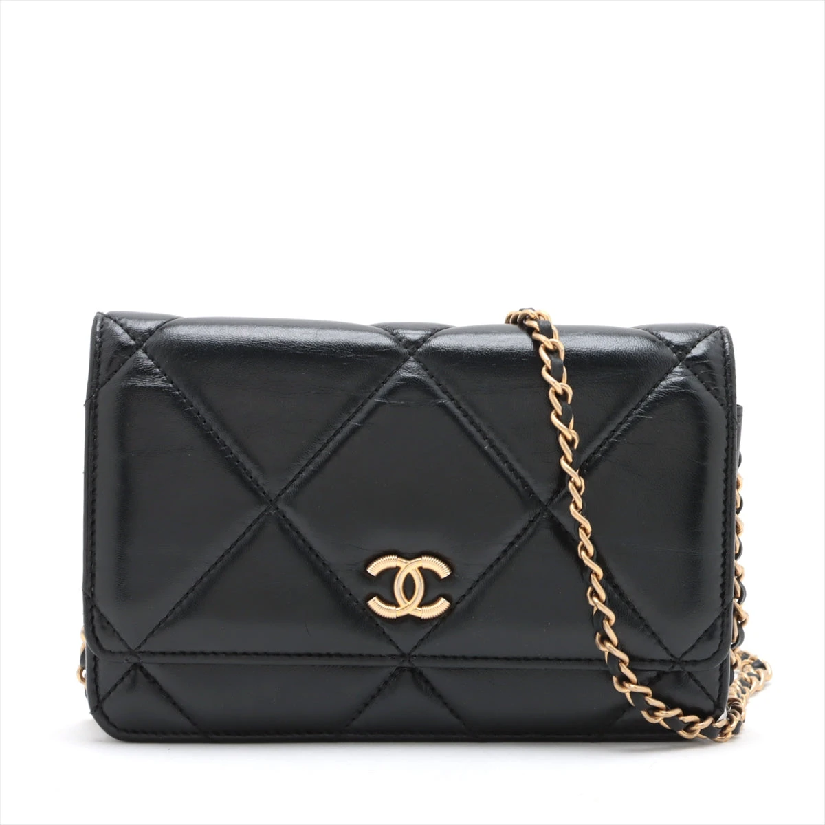 CHANEL ブラックレザーチェーンウォレット シャネル マトラッセ レザー チェーンウォレット ブラック