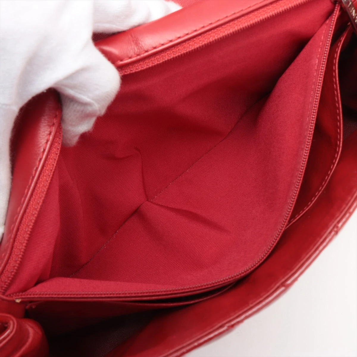 シャネル Vステッチ レザー シングルフラップ ダブルチェーンバッグ レッド