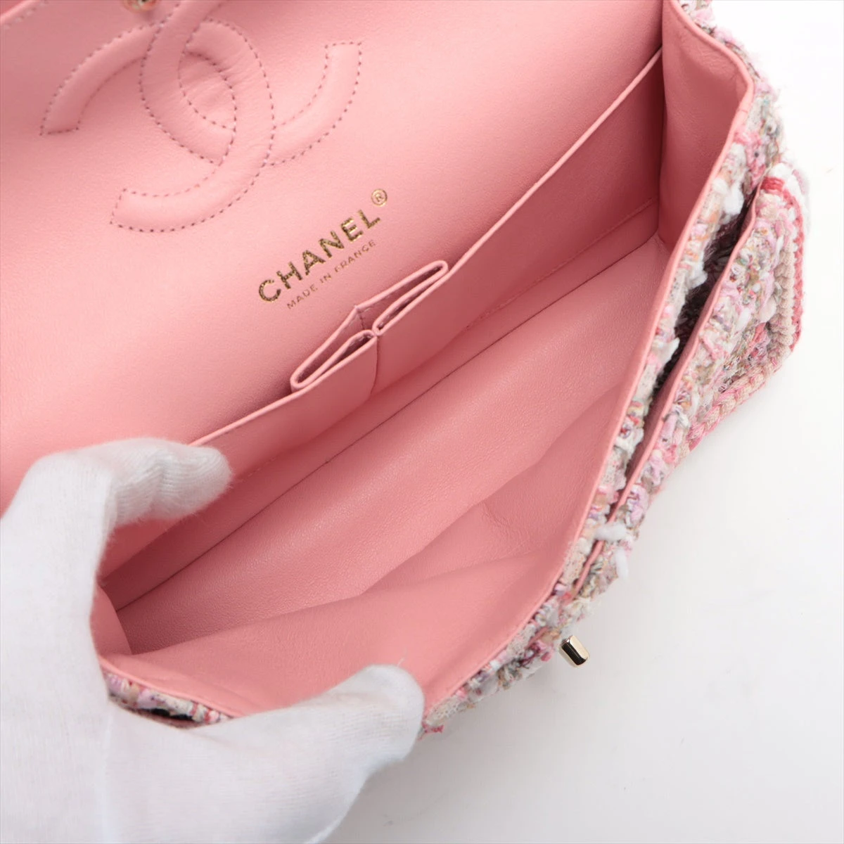 CHANEL マトラッセ ツイード ピンクダブルフラップ　ダブルチェーンバッグ シャネル マトラッセ25 ラムスキン ダブルフラップ ダブル