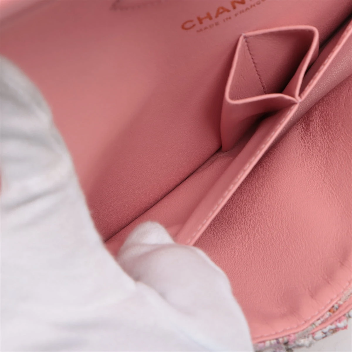 CHANEL マトラッセ ツイード ピンクダブルフラップ　ダブルチェーンバッグ シャネル マトラッセ ツイード ダブルフラップ ダブルチェーン
