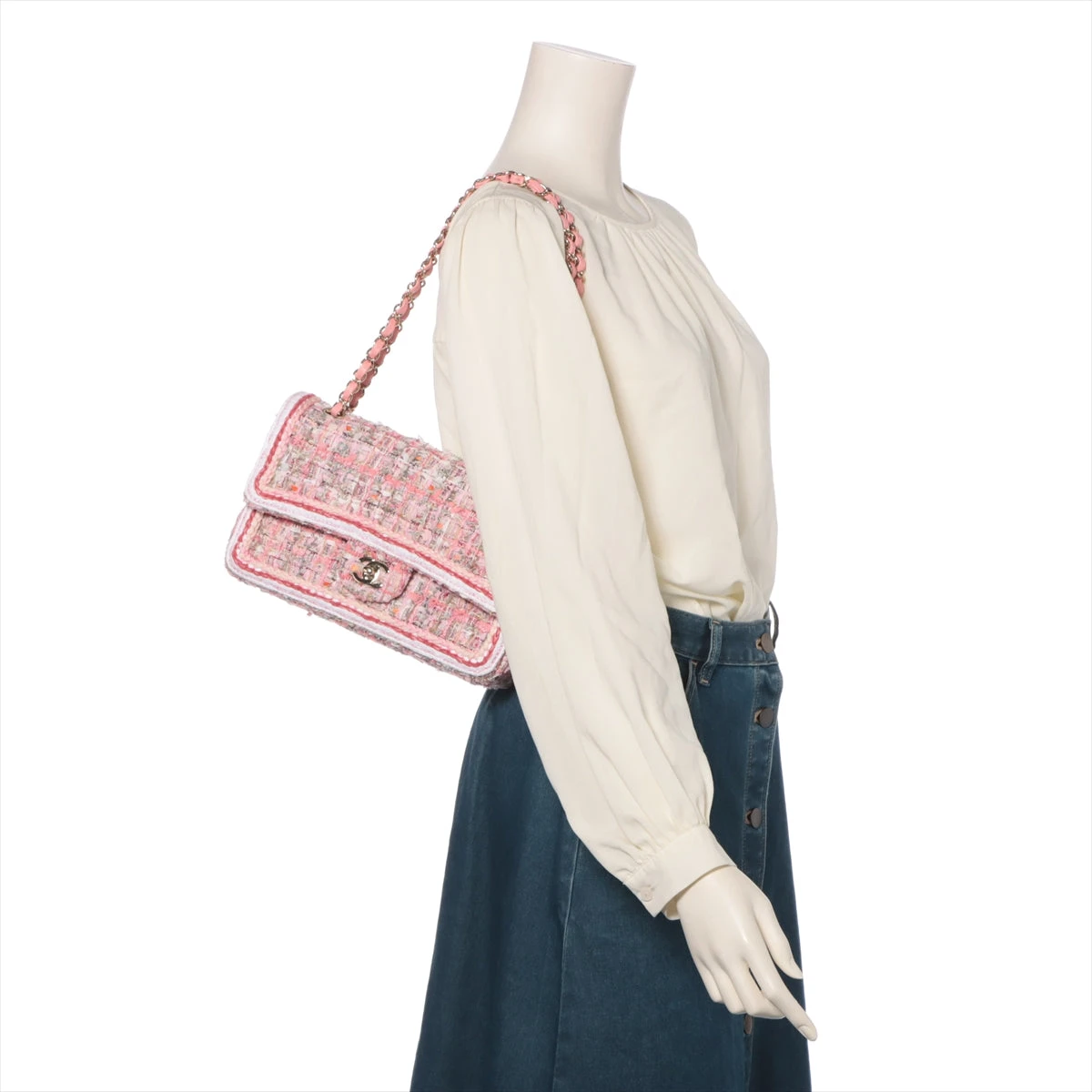 CHANEL マトラッセ ツイード ピンクダブルフラップ　ダブルチェーンバッグ シャネル マトラッセ ツイード ダブルフラップ ダブルチェーン