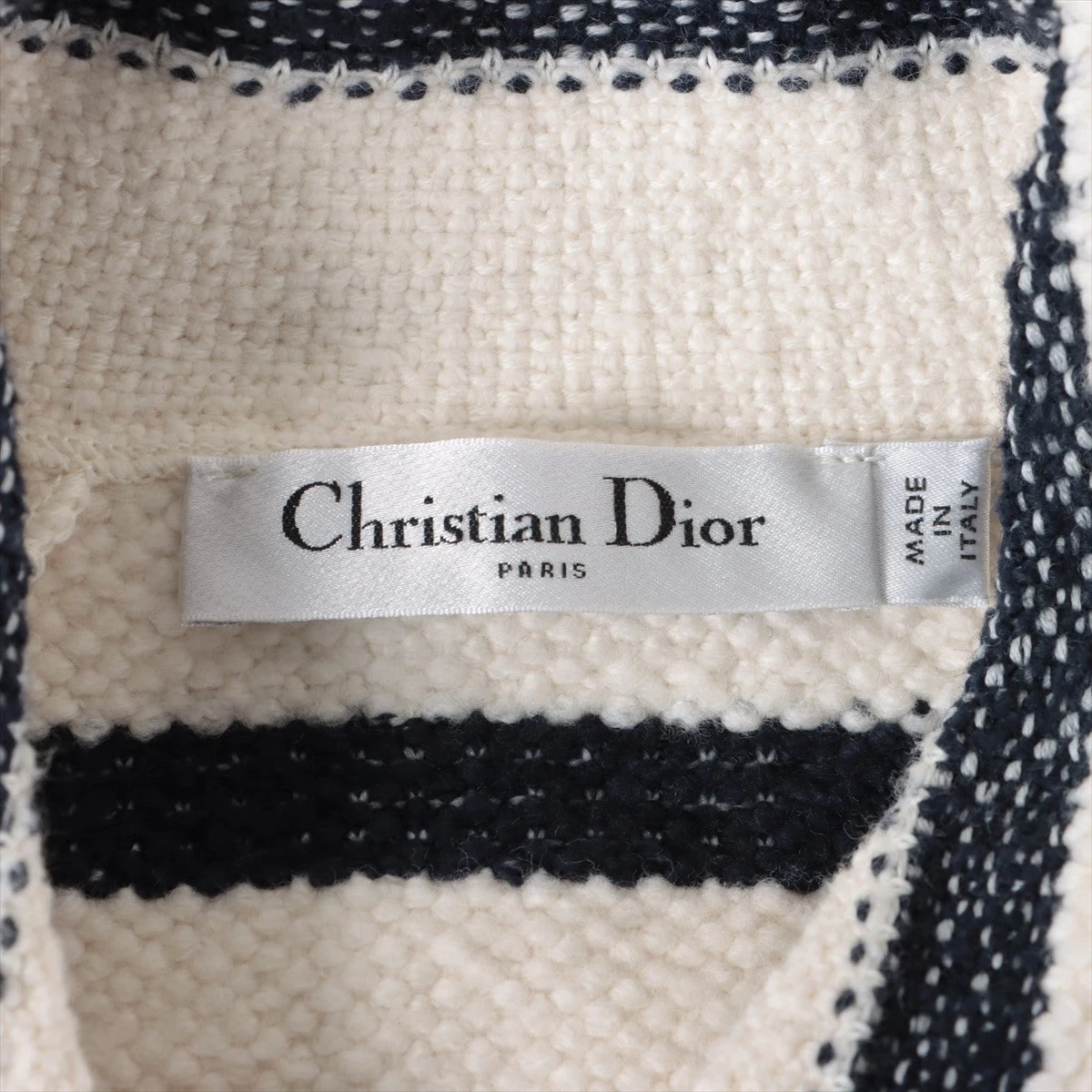 Christian Diorノーカラージャケット ストライプ ショート丈 L Short-Sleeved Belted Jacket Black Wool-Blend Heathered