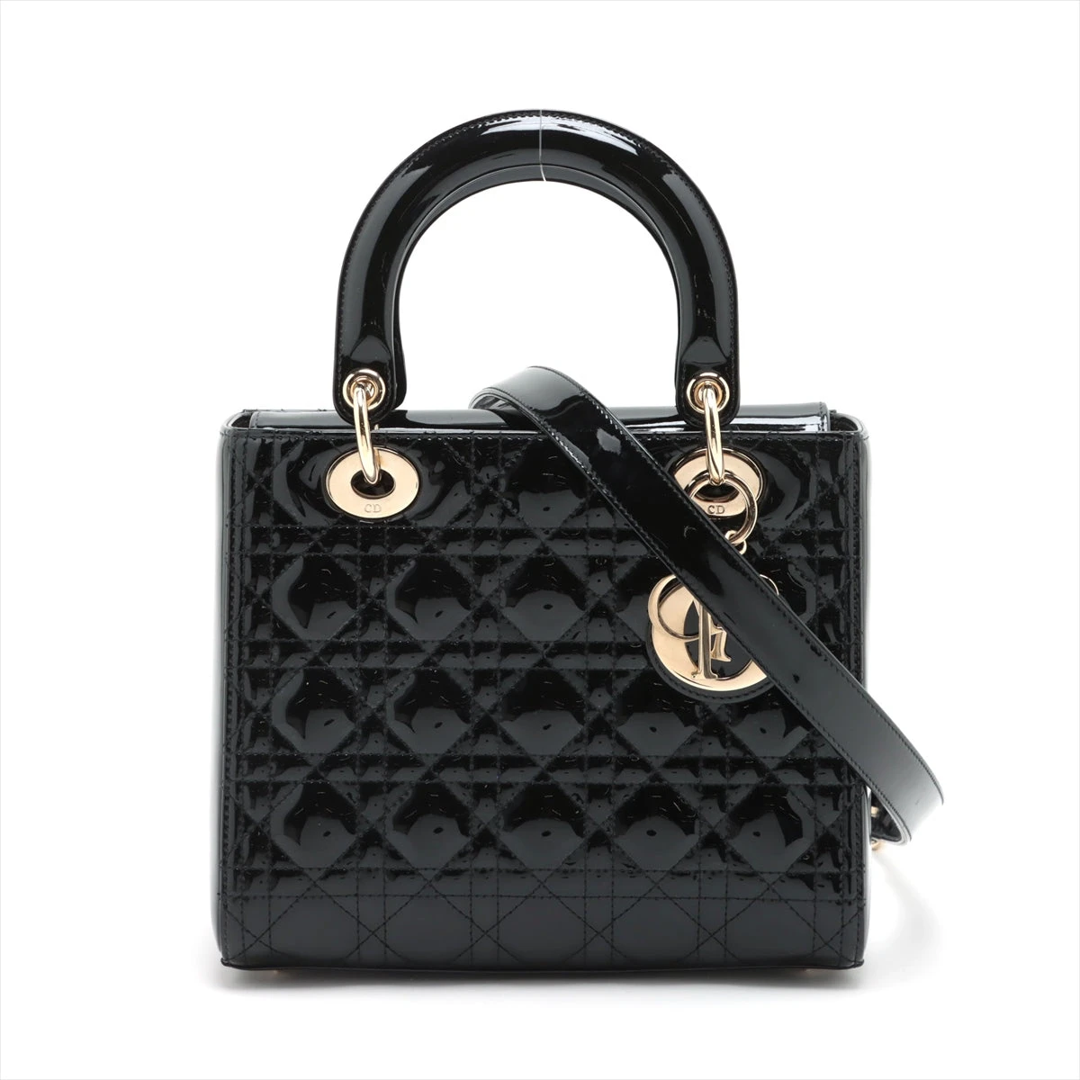 良品　レディディオール　カナージュ　ハンドバッグ　パテントレザー　ブラック クリスチャンディオール レディディオール カナージュ パテントレザー
