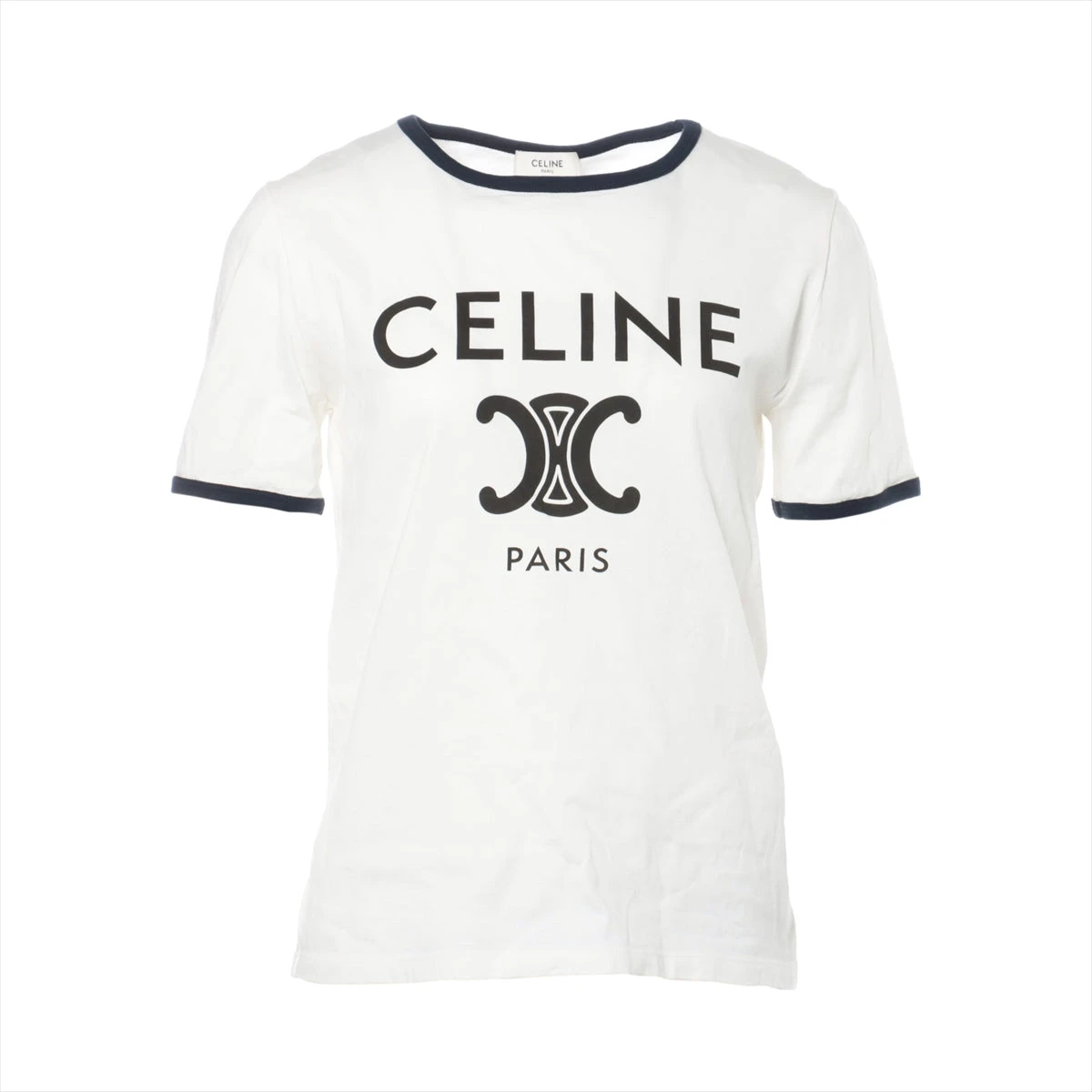 CELINE Tシャツ セリーヌ コットン Tシャツ S レディース ホワイト×ネイビー