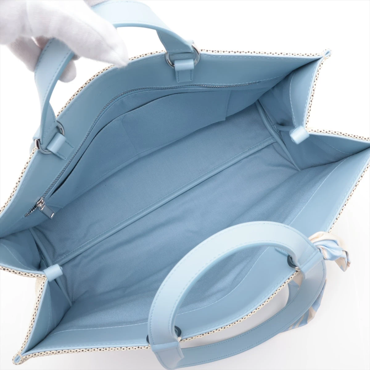 フェラガモ ストロー×レザー 2WAYトートバッグ ブルー×ホワイト  