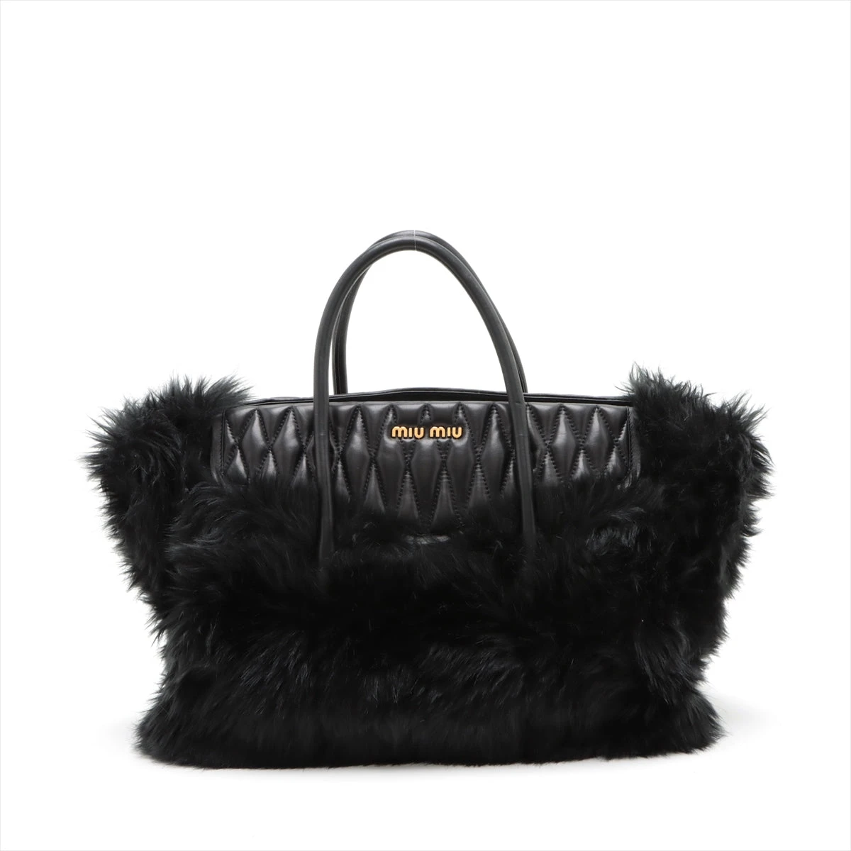 ミュウミュウ バイカー ファー×レザー トートバッグ ブラック RN1080