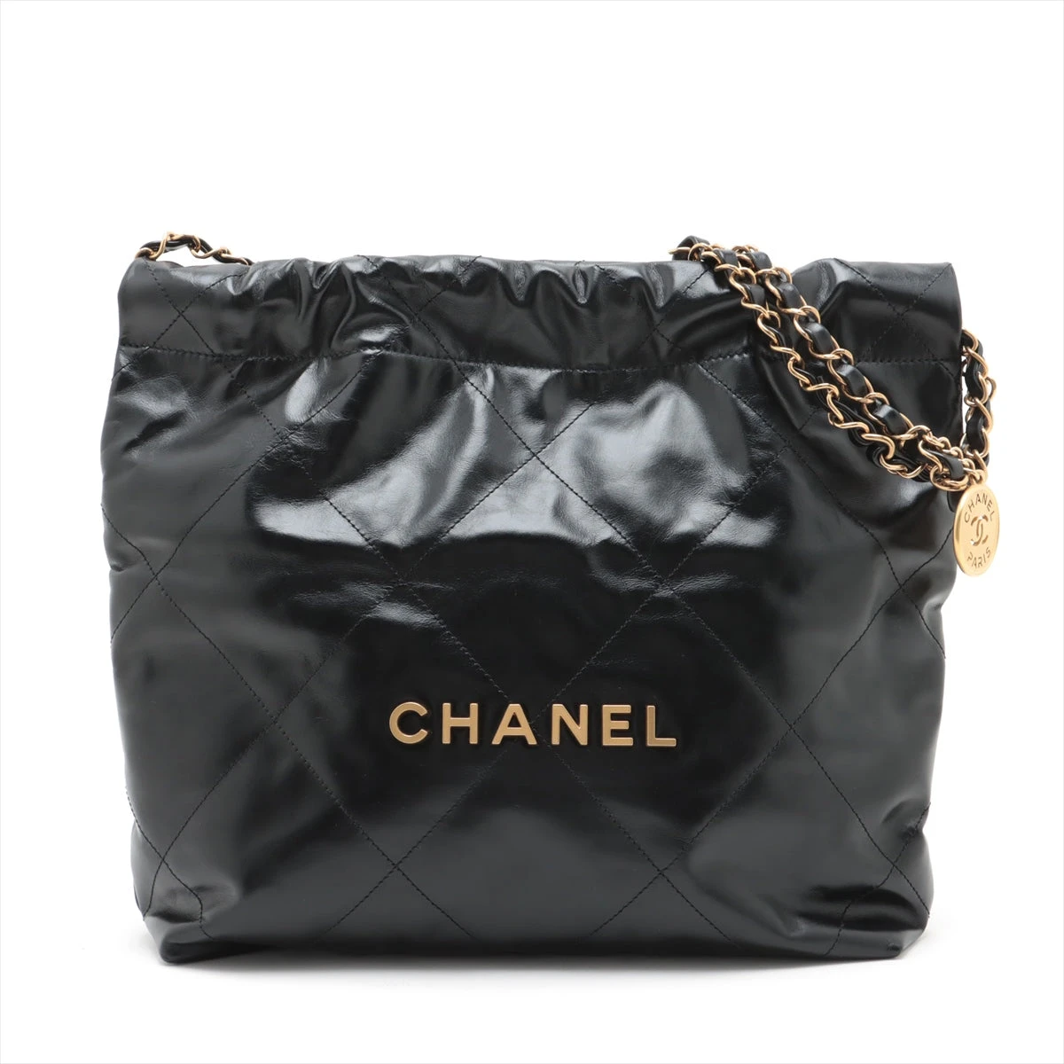 CHANEL ブラックレザー ショルダーバッグ CHANEL ブラックレザー ショルダーバッグ タッセル付き