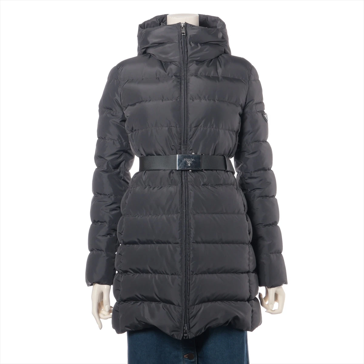 プラダ 24年 ナイロン ダウンコート 36 レディース グレー ベルト付き
