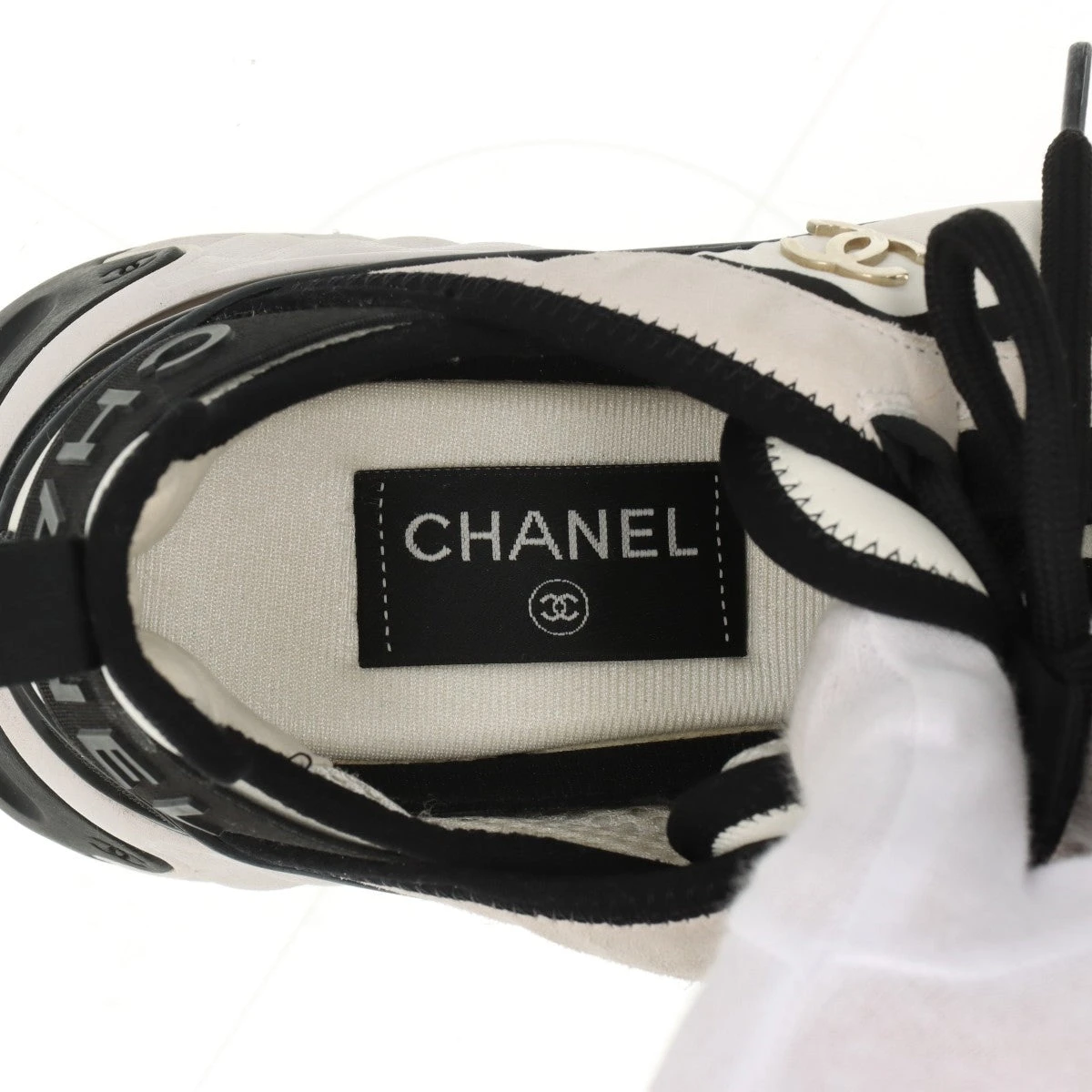 美品】CHANEL ココマーク　ホワイトブラック　メッシュ　スエード　スニーカー 美品】CHANEL ココマーク ホワイトブラック メッシュ スエード