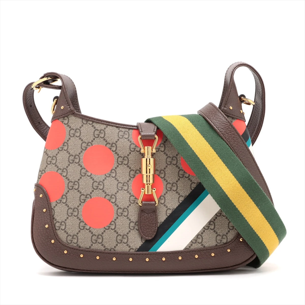 GUCCI 美品 グッチ ジャッキー 1961 GGスプリーム 2way ショルダーバッグ 636706 PVC レザー ベージュ ブラウン ゴールド金具 クロスボディ ワンショルダー セミショルダー シェリー ABランク 中古 鑑定済 グッチバッグ グッチ ジャッキー1961 GGスプリーム PVC×レザー 2WAYショルダーバッグ