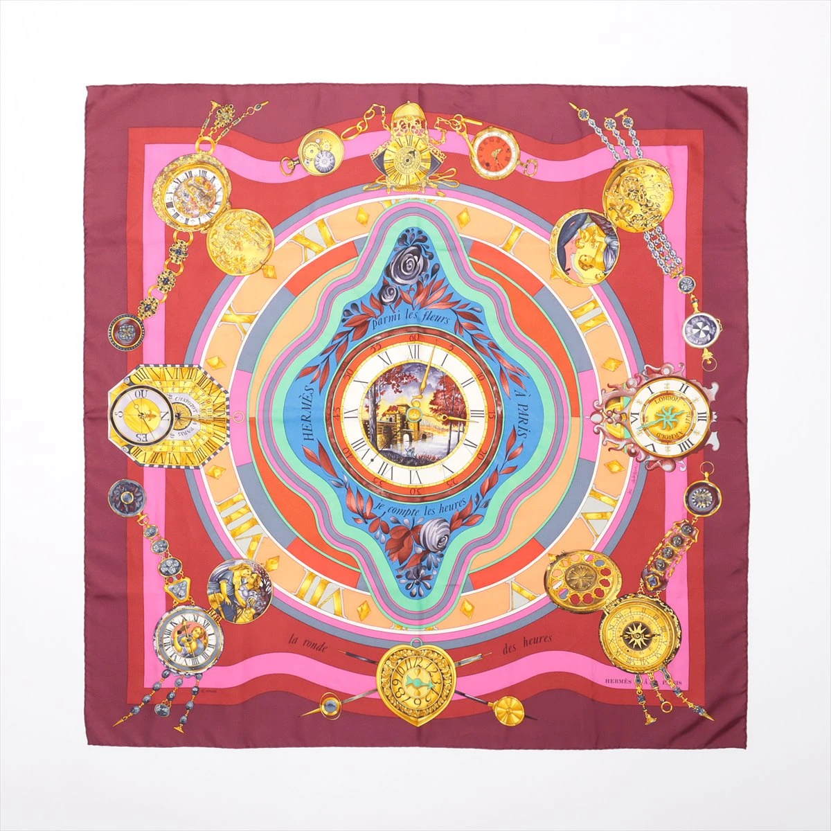 【HERMES】カレ90 ーla ronde des heures ー HERMES Silk La Ronde des Heures Scarf 90 79855 | FASHIONPHILE