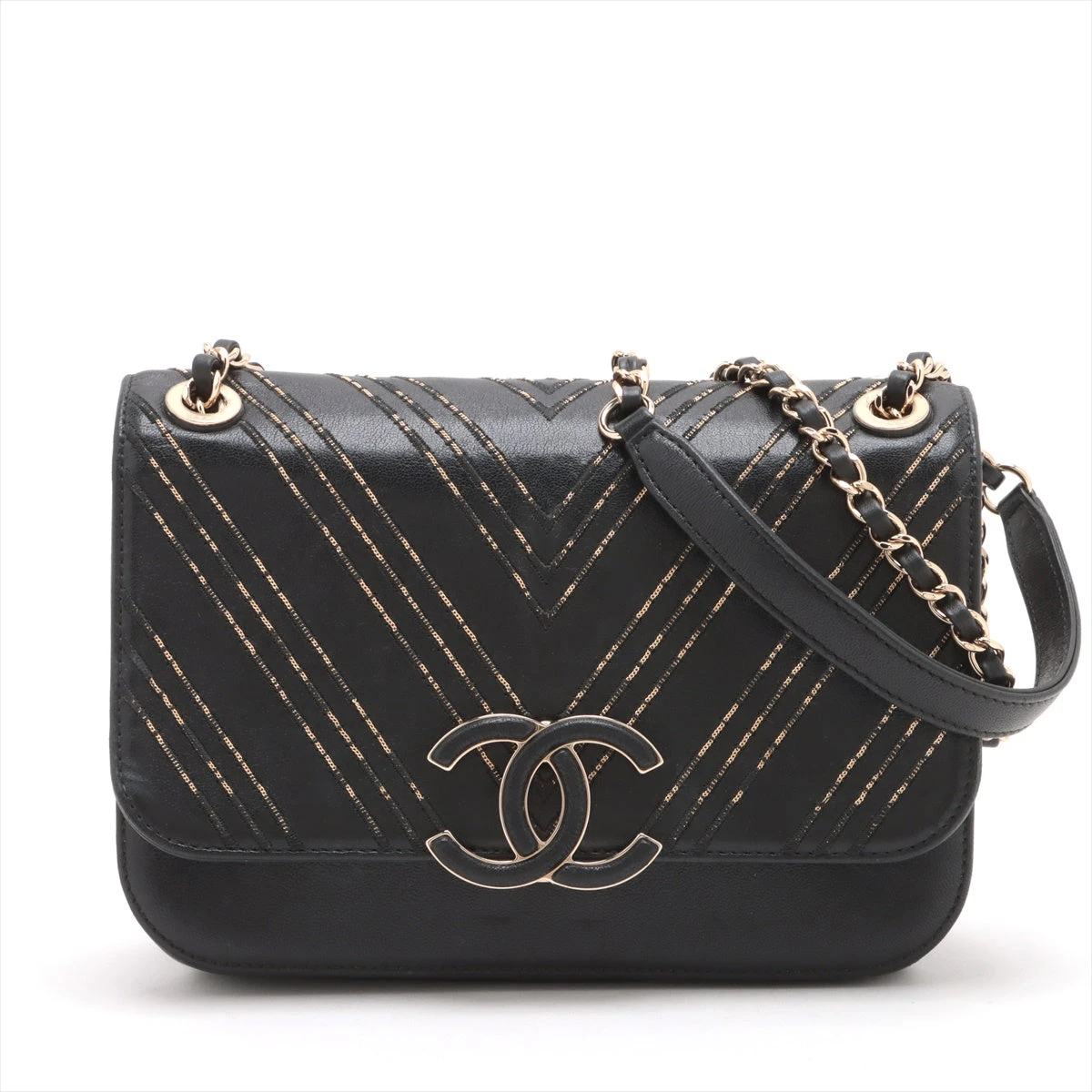 シャネル vステッチ ラムスキン ショルダー バッグ ココマーク ブラック CHANEL シャネル Vステッチ ココマーク ゴールド金具 ショルダー