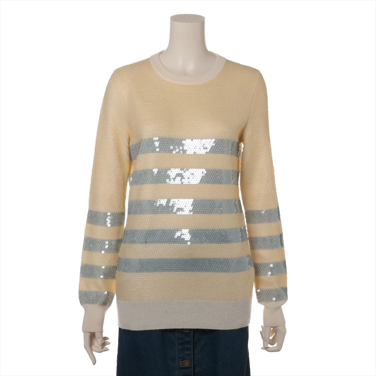 グッチ カシミヤ ニット M レディース ブルー×クリーム 371129 