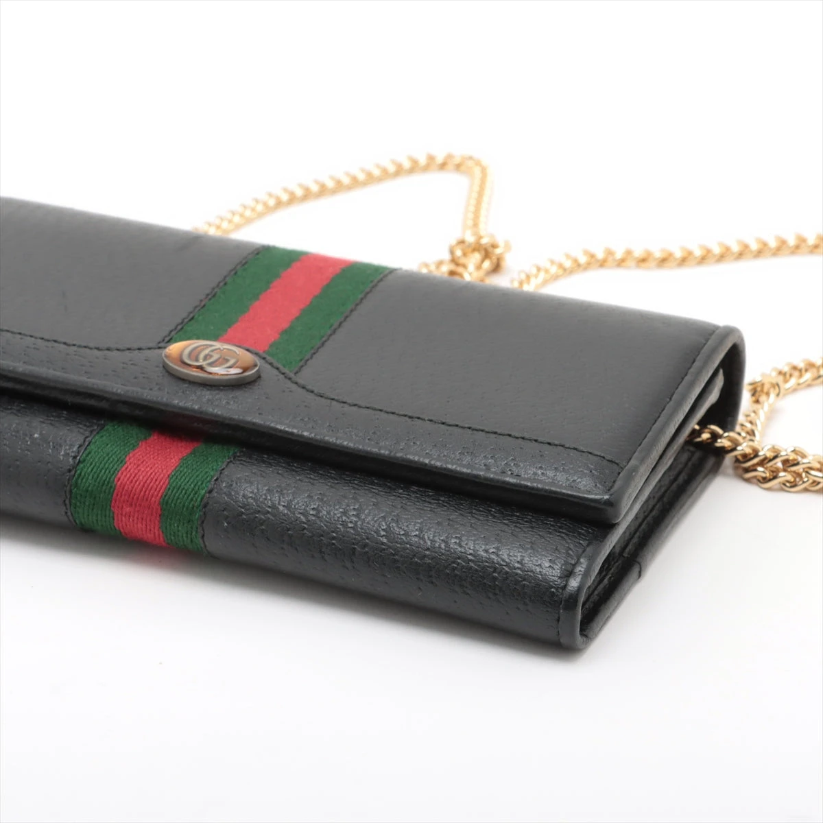 SS24 グッチ ブラックレザーチェーンウォレット GUCCI ブラックレザー 二つ折り財布 チェーン付き