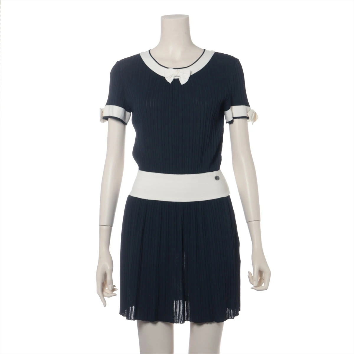 【極美品 シャネル】ワンピース ノースリーブ ボーダー ココマーク 白 ネイビー chanel400481g2.jpg