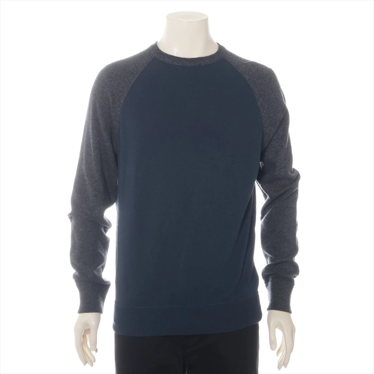 エルメス ウール×カシミヤ ニット L メンズ グレー×ネイビー 72-5726  