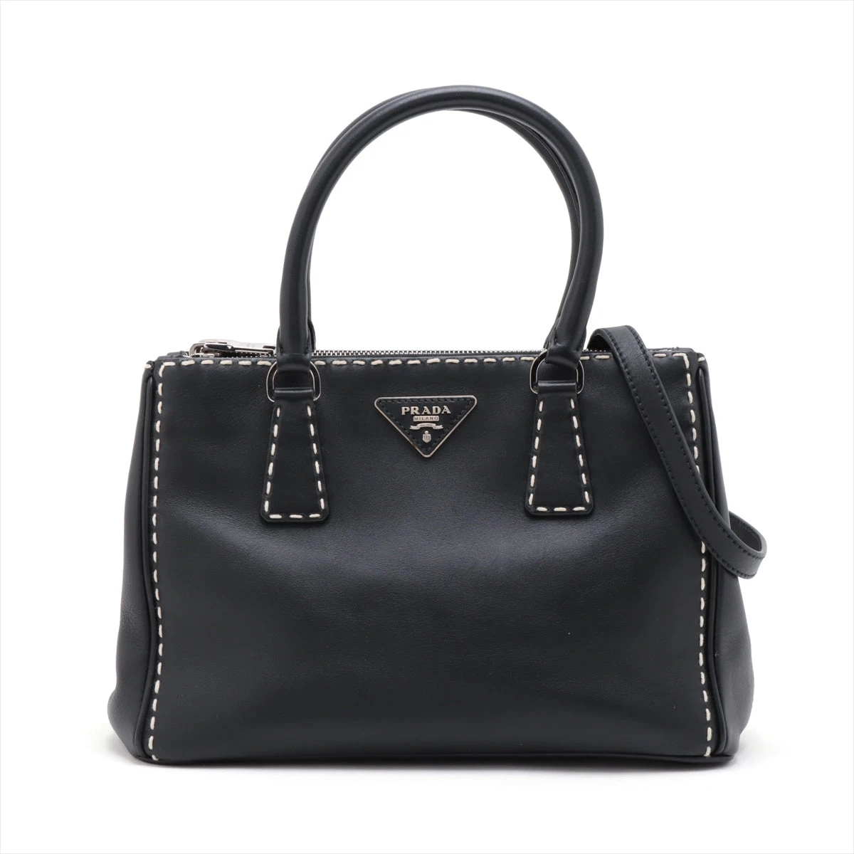 Prada Black Saffiano Lux Leather Double Zip Small Tote Bag