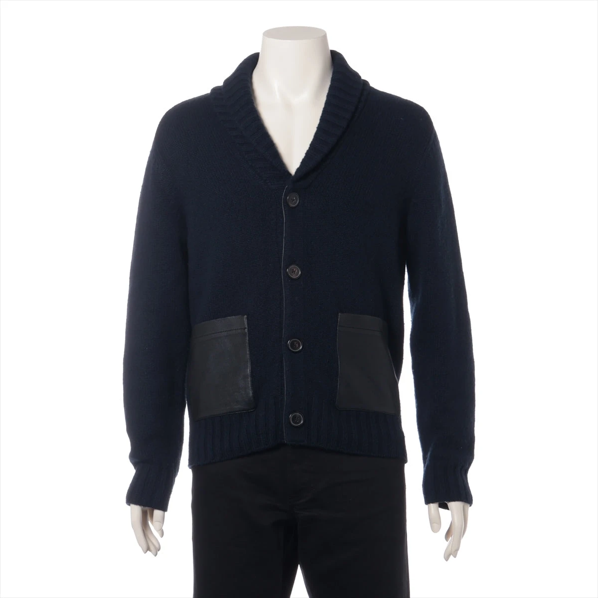 最も完璧な カーディガン カシミヤ×レザー エルメス S 毛玉 ネイビー メンズ トップス