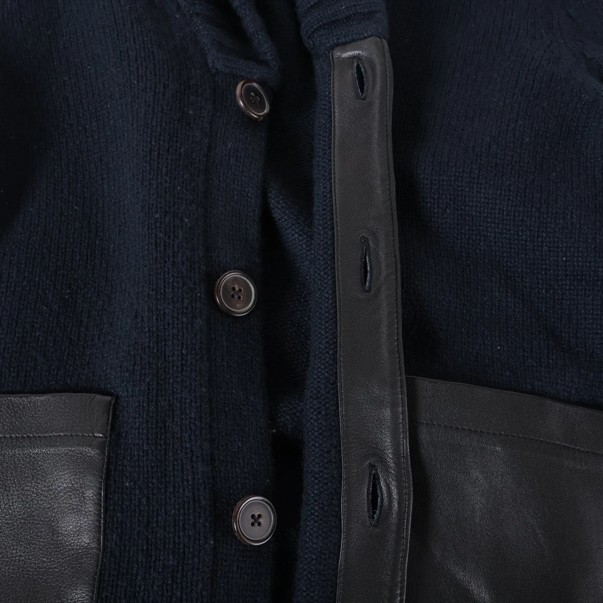 エルメス カシミヤ×レザー カーディガン S メンズ ネイビー 毛玉
