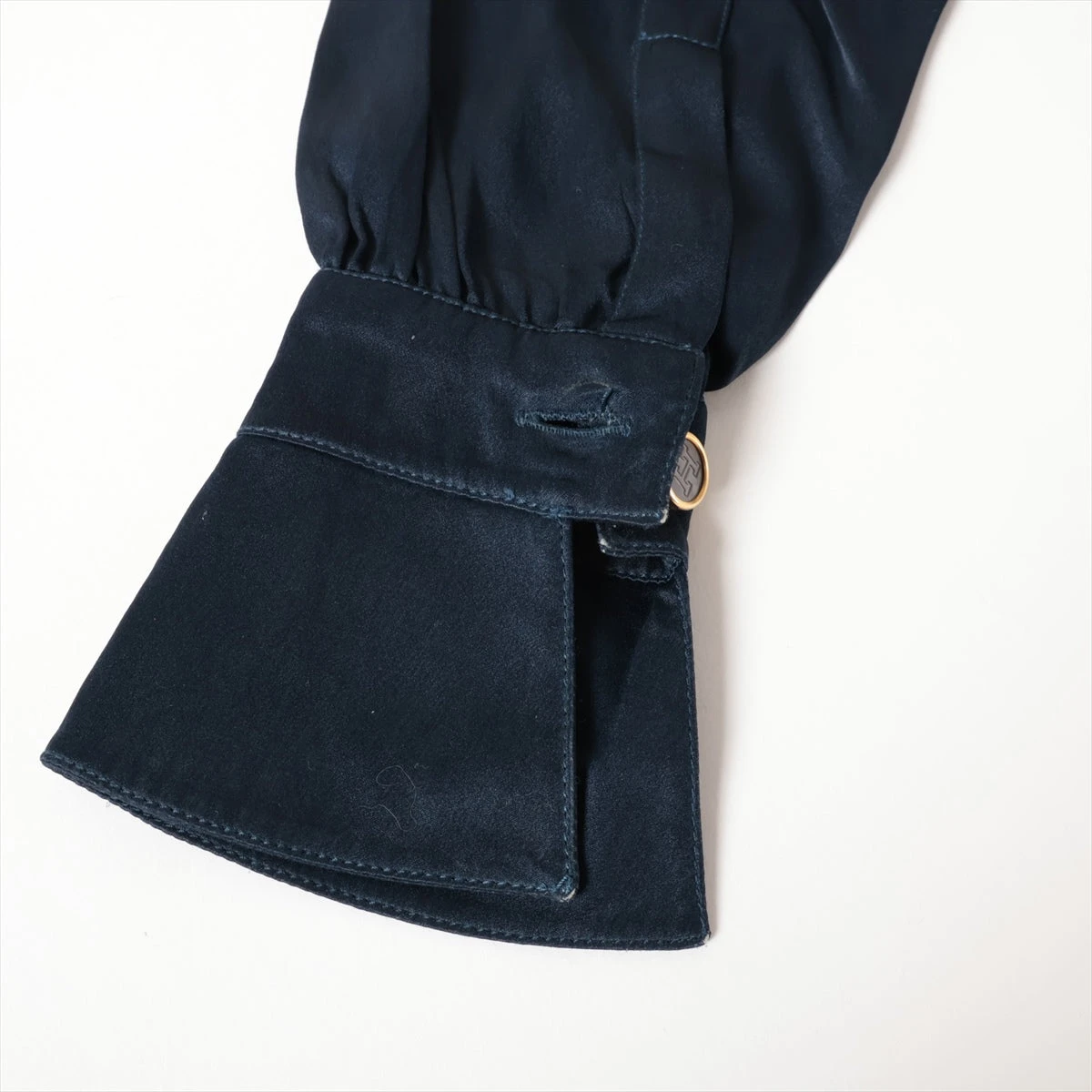 エルメス シルク シャツ 34 ネイビー 左袖先軽度のヤブレ有 A3346290  