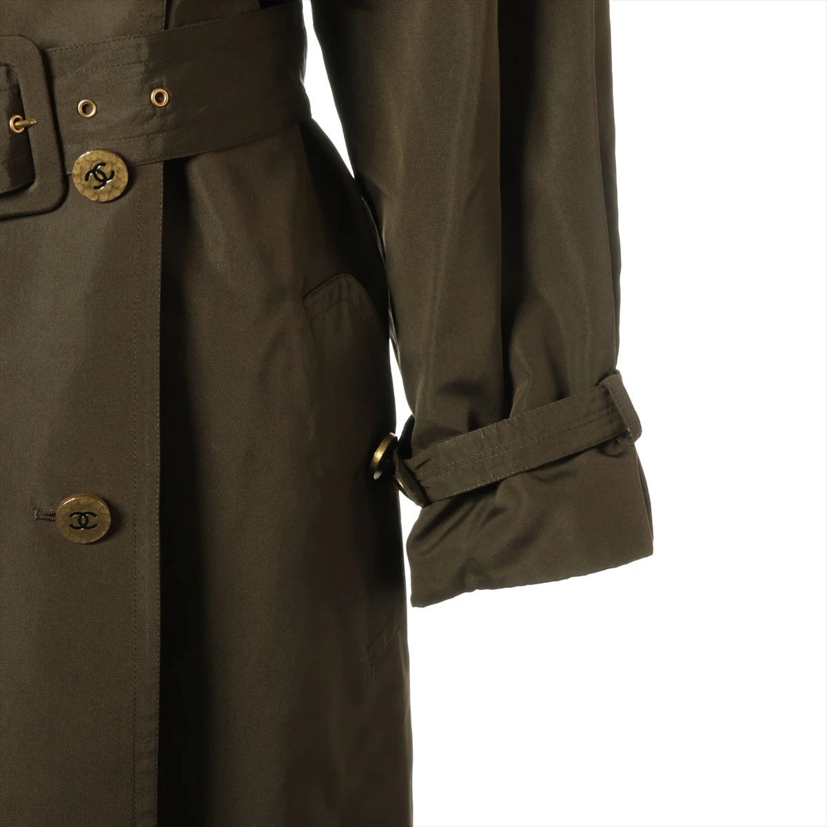 美品　CHANEL トレンチコート　38 正規品　ブラウン　シルク　ココボタン シャネル 94A シルク トレンチコート 38 レディース カーキ ココボタン