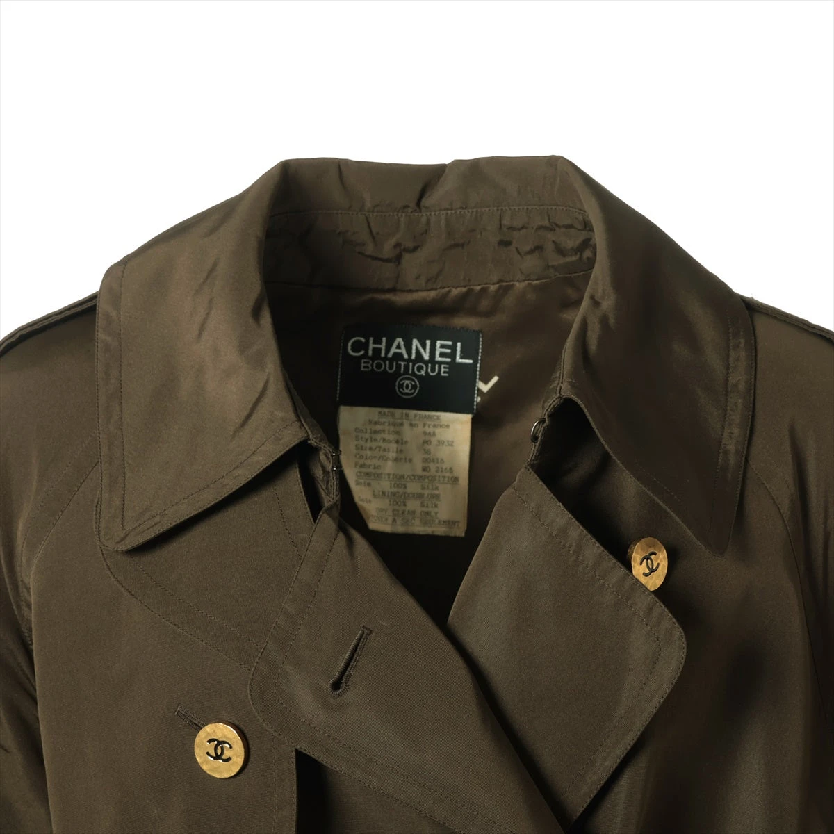シャネル 94A シルク トレンチコート 38 レディース カーキ ココボタン