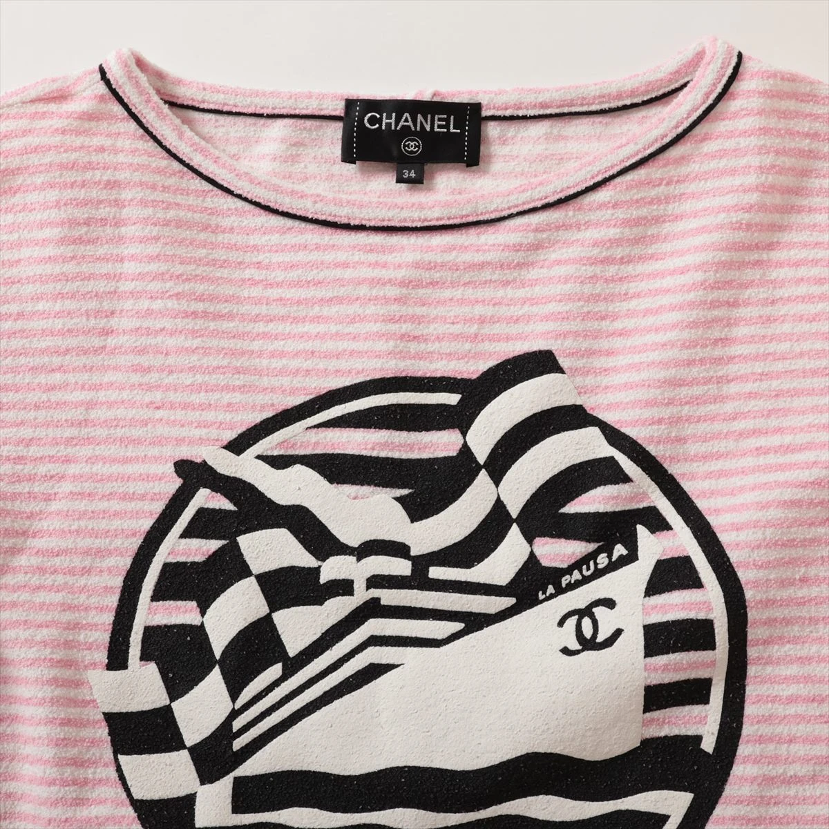 シャネル P60 コットン Tシャツ 34 レディース ピンク×ホワイト
