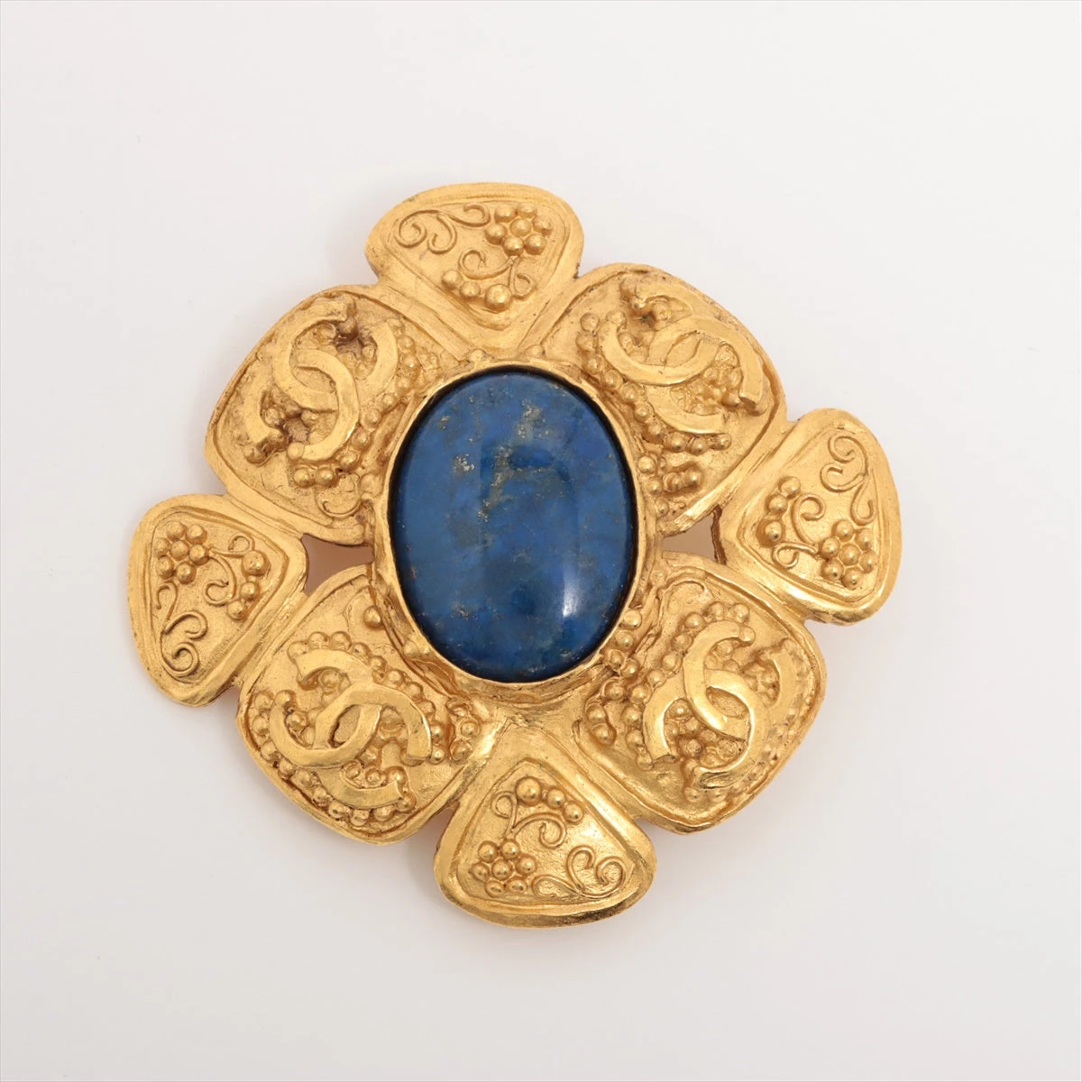 シャネル ココマーク 96A ブローチ GP×カラーストーン ブルー×ゴールド  