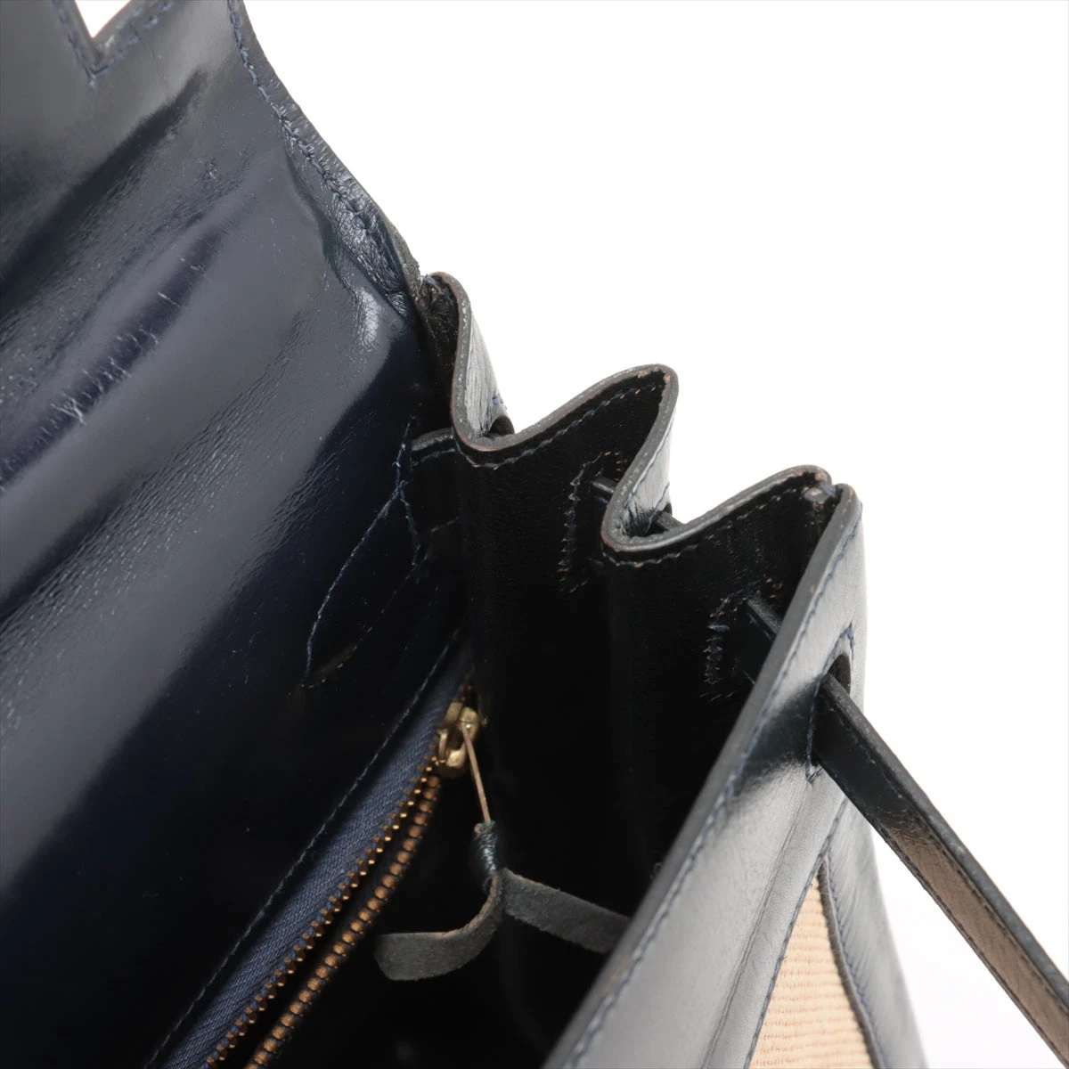 エルメス ケリー28 トワルアッシュ×ボックスカーフ ネイビー ゴールド 