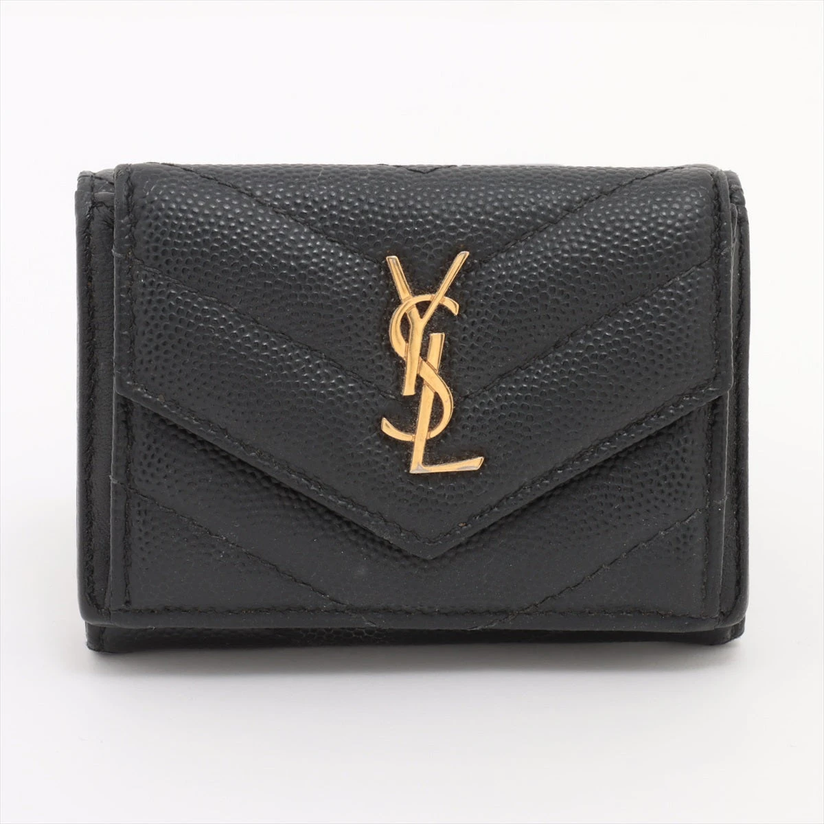 【美品】サンローラン 財布 YSL キャビアスキン ブラック コンパクト サンローランパリ YSLライン Vステッチ TGN602791 キャビア