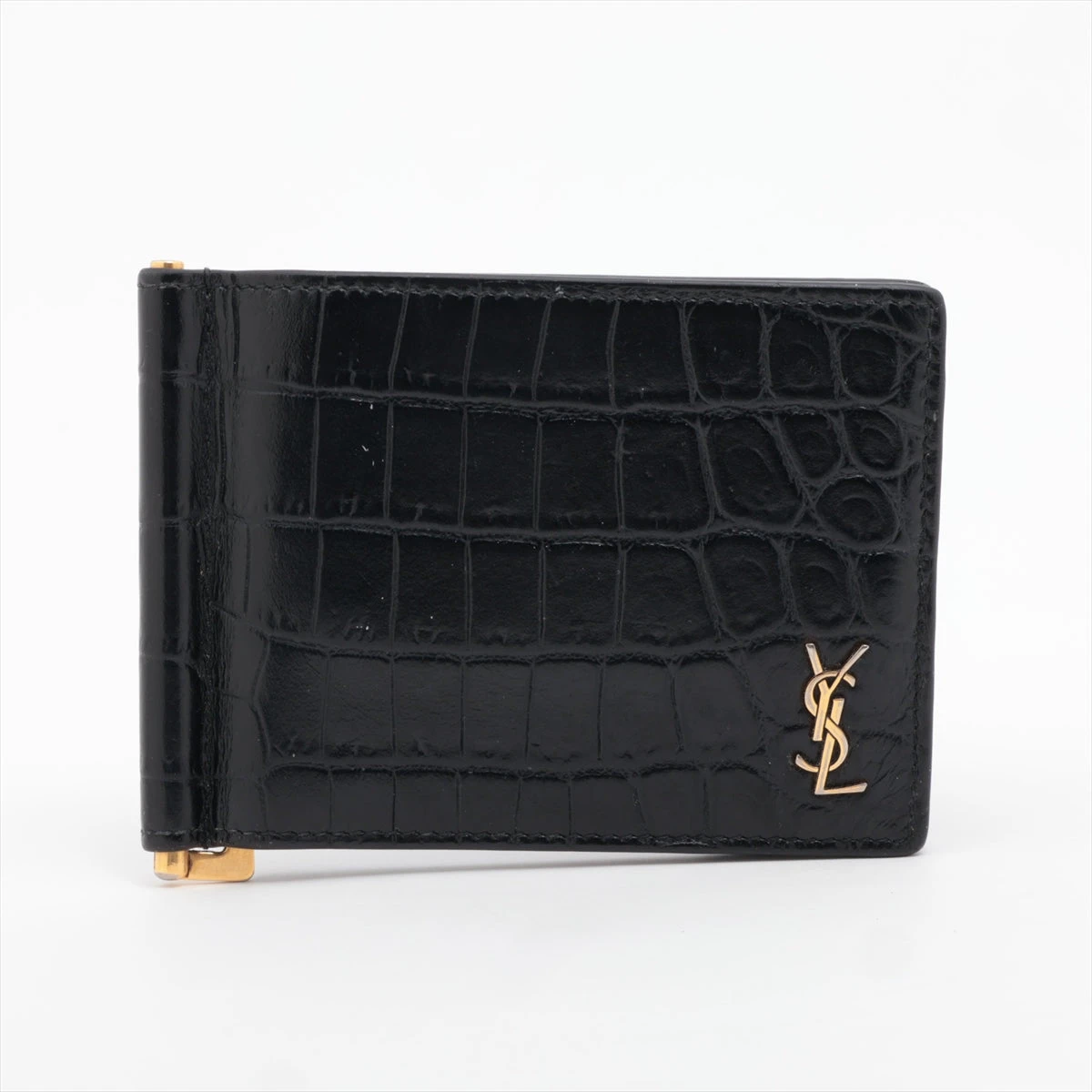 美品✨SAINT LAURENT マネークリップ　クロコ型押し　YSL 黒 サンローラン YSLライン ART607738 クロコ型押し マネークリップ