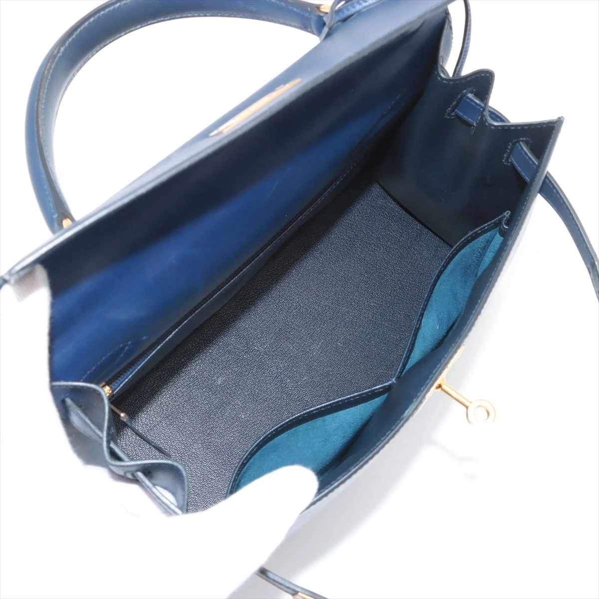 エルメス ケリー28 ボックスカーフ ブルーサフィール ゴールド金具 □B 